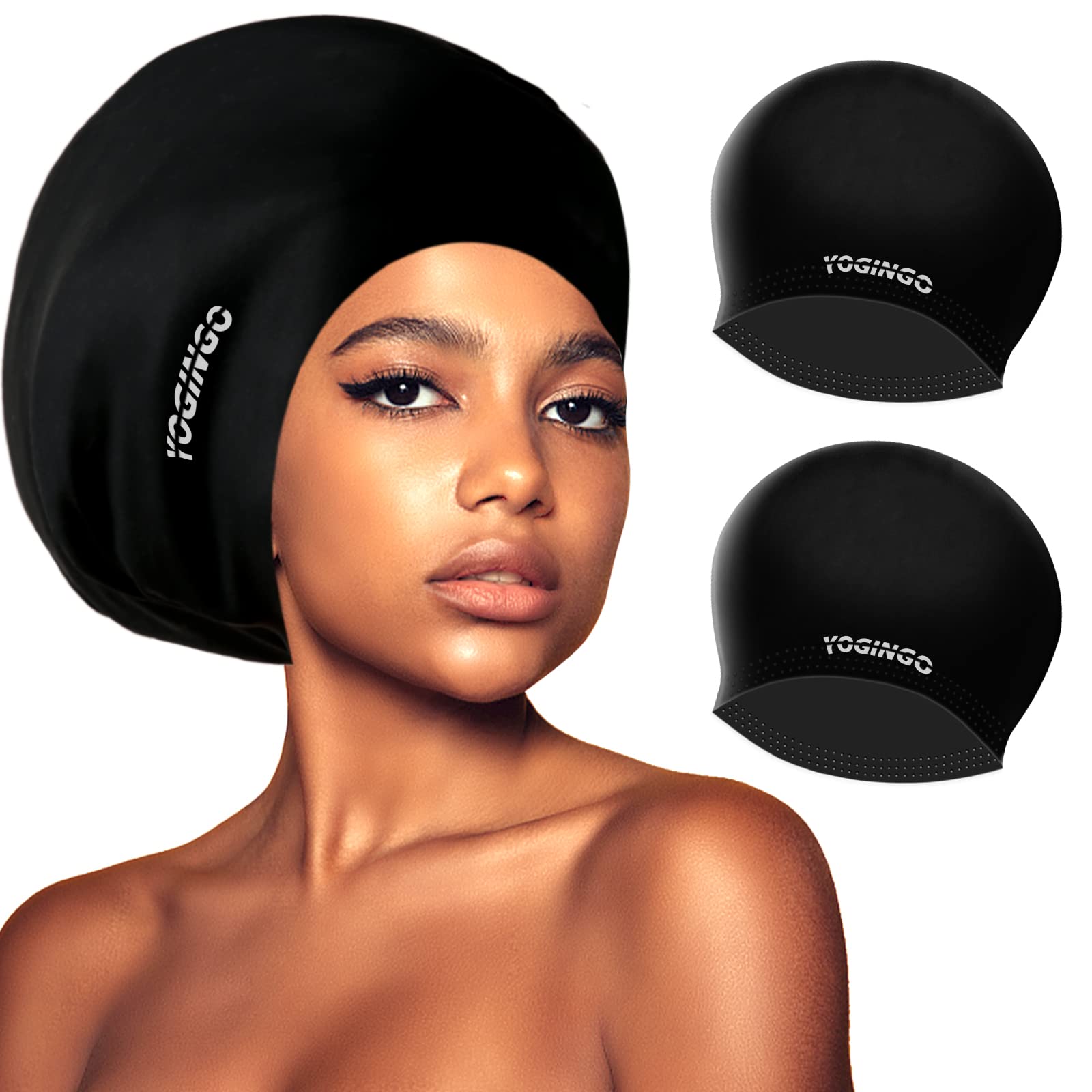 Photo 1 of 2 Pack YOGINGO Extra Large Swim Cap for Women and Men Adult Youth,Waterproof Silicone Swim Cap for Very Long Hair, Thick Curly Hair & Dreadlocks Braids Weaves Afro Hair (Black)
