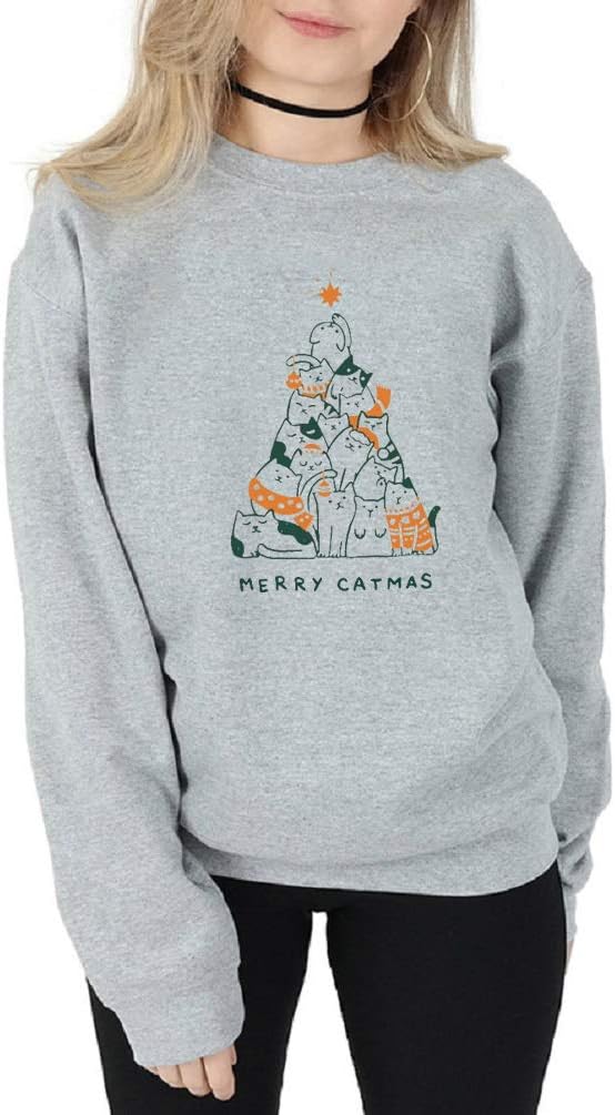 soweilan Merry Catmas Letter Printed Graphic Women Sweatshirt Long Sleeve Christmas Pullover Jumper Shirt Top