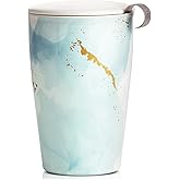 Tea Forte Double-Walled Ceramic Kati Cup, Removable Stainless Steel Infuser Basket and Lid, Steeps 12 oz Loose Leaf Tea, Dishwasher & Microwave Safe, Wellbeing (Blue/Gold)