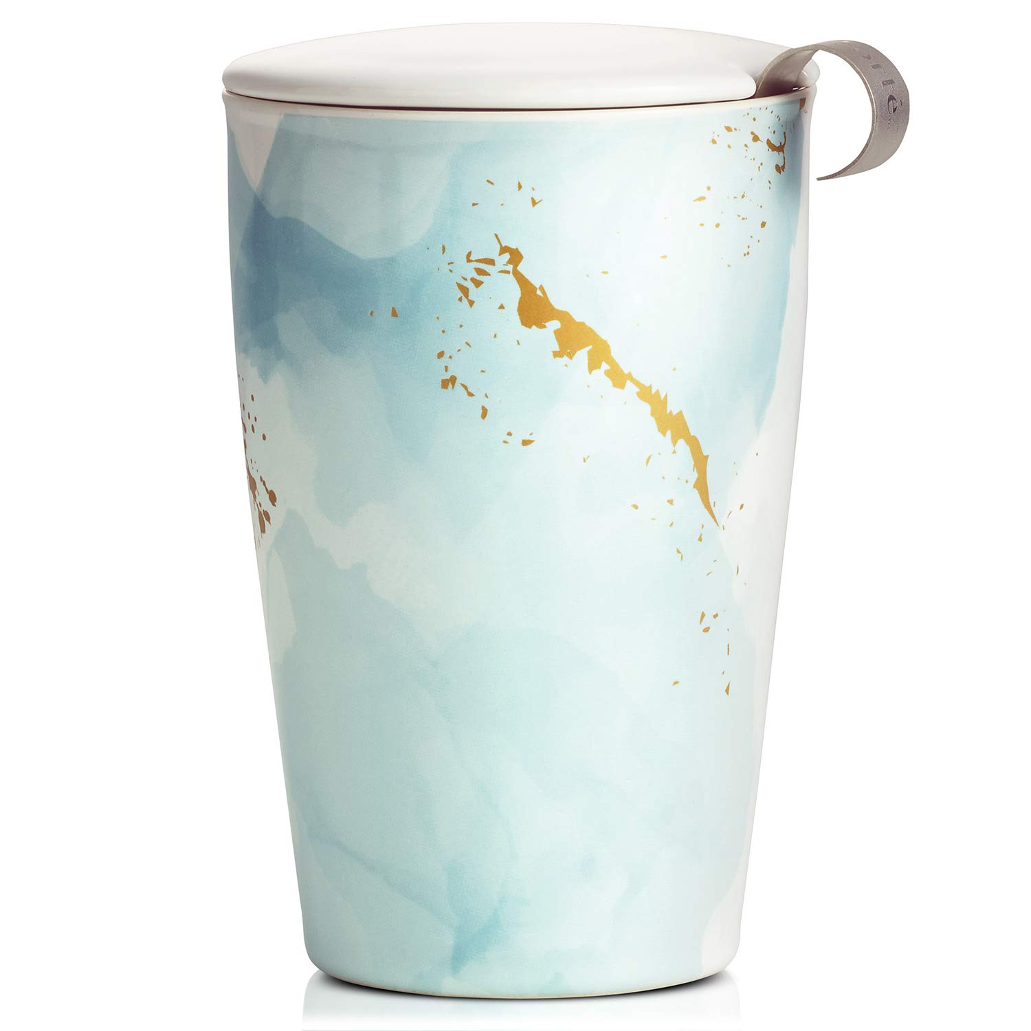 Tea Forte Double-Walled Ceramic Kati Cup, Removable Stainless Steel Infuser Basket and Lid, Steeps 12 oz Loose Leaf Tea, Dishwasher & Microwave Safe, Wellbeing (Blue/Gold)