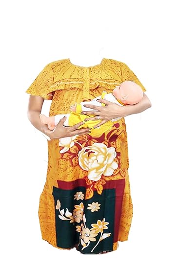 ABB- Feeding Maternity Nighties / 100% Pure Cotton/Size-XL/Beige with Maroon Flower Design