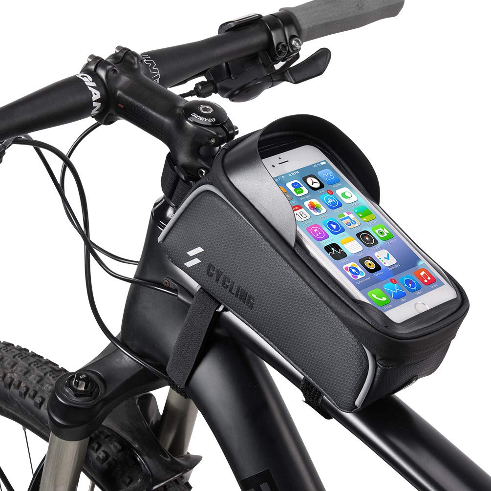 Bike Frame Bag, Bike Phone Mount, Waterproof Bicycle Frame Bag Cycling Front Top Tube Pouch Pannier Storage Bag Bike Phone Holder for iPhone 13 12 11 Pro Max XS XR X 8 7 6S Plus Smartphone Below 6.5''