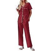 Ekouaer Women's 100% Cotton Pajamas Set Short Sleeve Button Down Pjs 2 Piece Soft Sleepwear with Long Pants Lounge Set Wine Red Medium