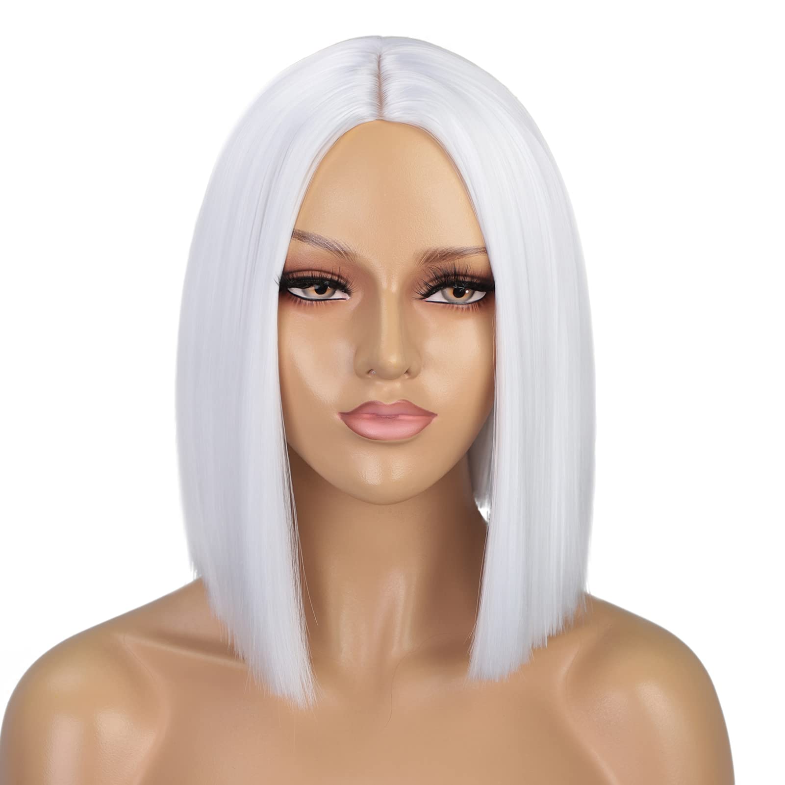 Photo 1 of ENTRANCED STYLES White Wig Short Bob Wigs for Women 12Inch Heat Resistant Middle Part Straight Synthetic Wig Party Costume Halloween Cosplay Hair
