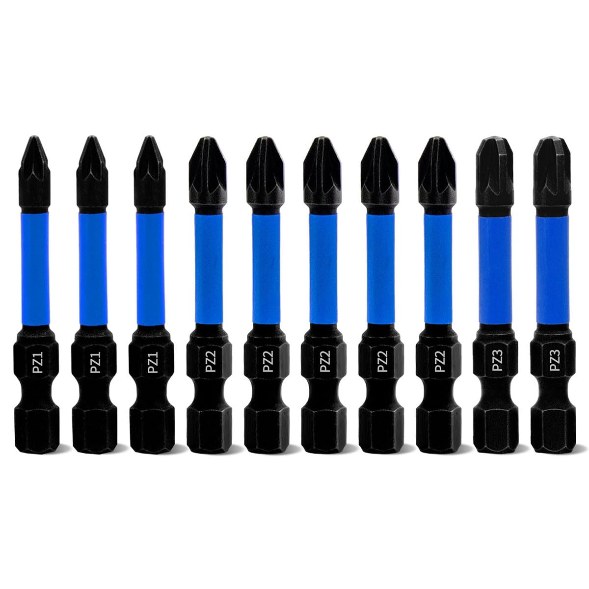 Meccion Magnetic Impact Driver Bits PZ1*3 PZ2*5 PZ3*2 10Pcs Length 50mm Professional Pozidriv Screwdriver Bit Set - 1/4" Hex Shank