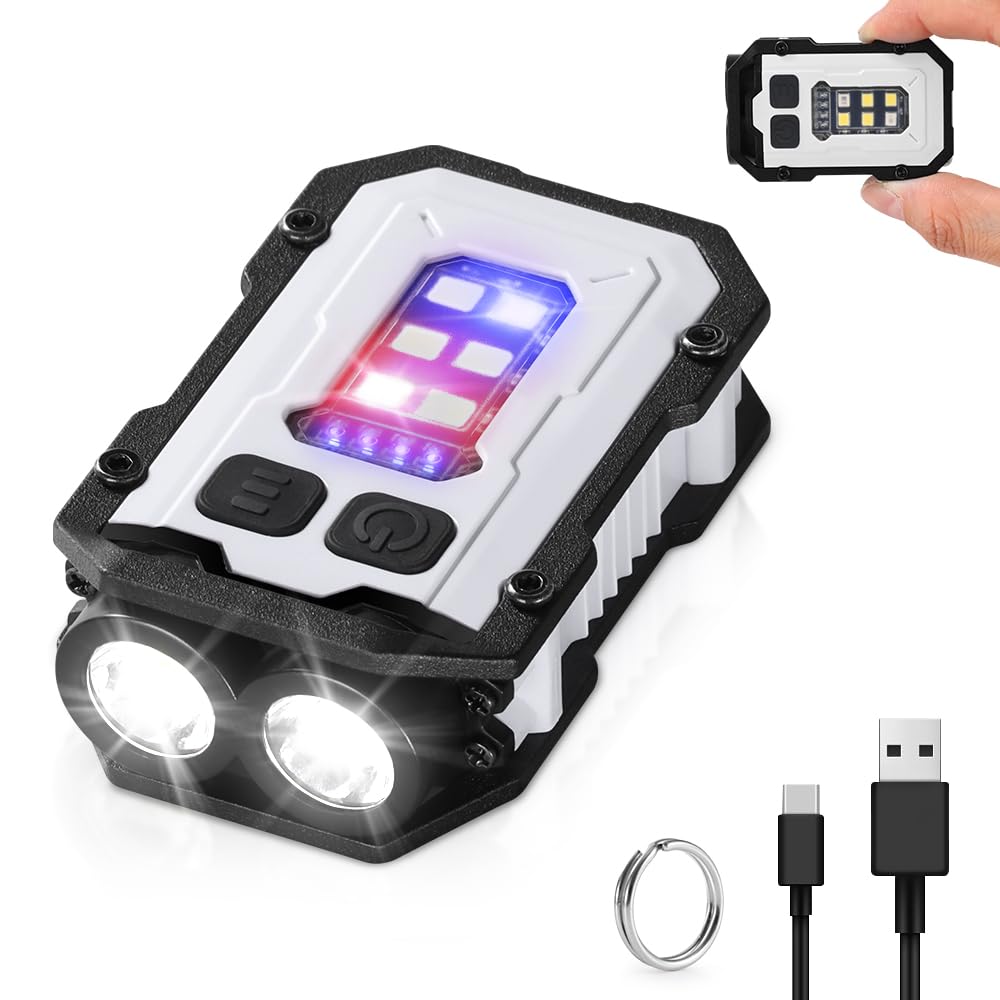 Mini EDC Flashlight, Small Powerful Keychain Flashlight with Side searchlight, High Lumens 800lm, USB-C Rechargeable, keychain light with clip - 8 Mode, IPX4 Waterproof, for hiking, running, White