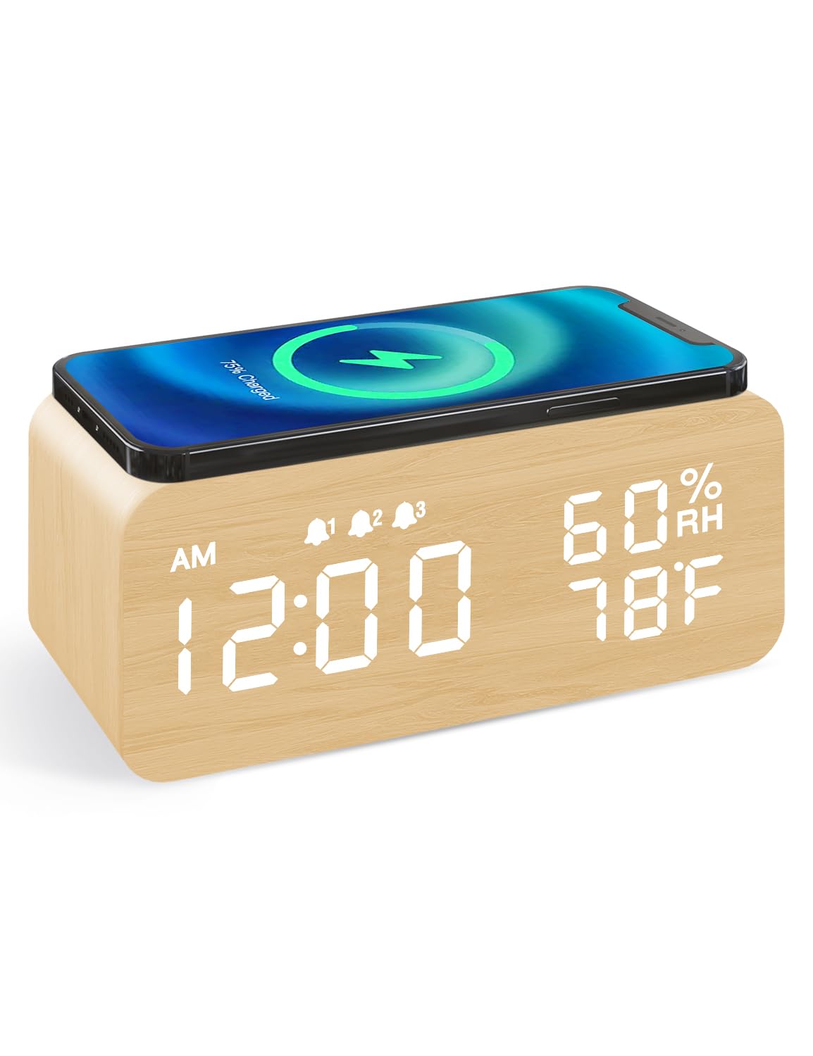Photo 1 of JALL Wooden Digital Alarm Clock with Wireless Charging, Dimmable, Adjustable Volume, 3 Alarms, Weekday/Weekend Mode, Snooze, Digital Clock for Bedroom, Bedside, Office, Ideal for Gift, Yellow
