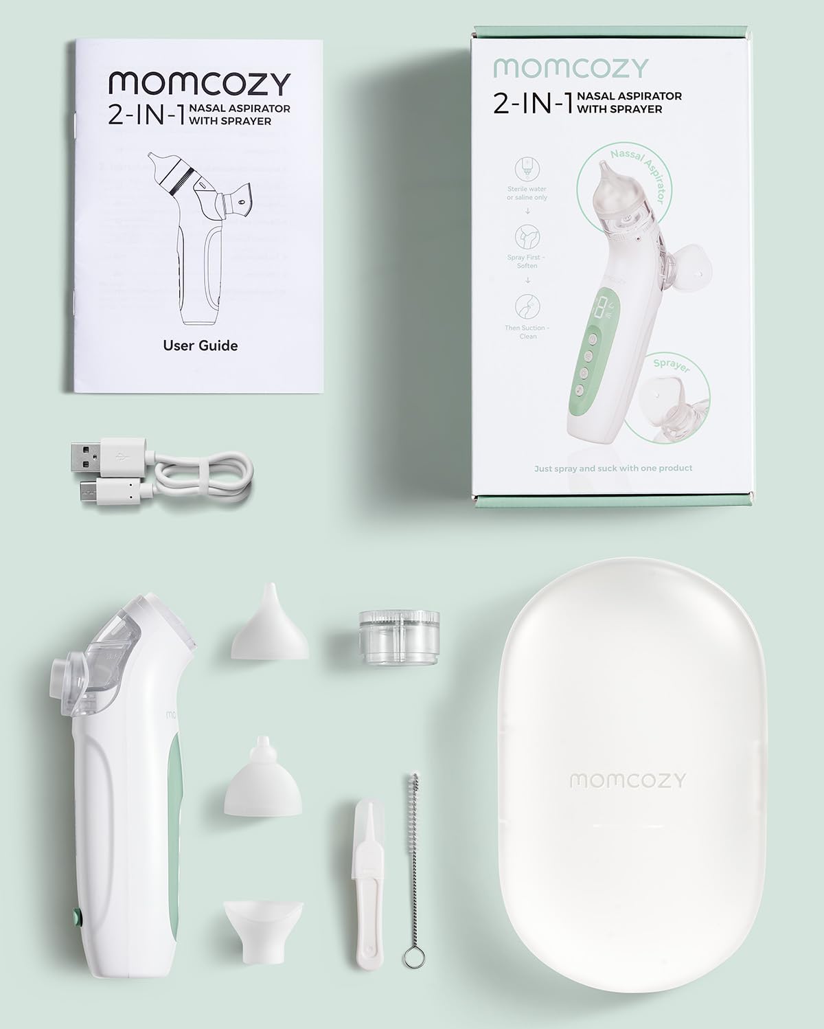 Momcozy BreezyClear™ 2-in-1 Electric Nasal Aspirator for Baby with Spray, 65kPa Hospital-Grade Suction, 4 Adjustable Levels, Quiet & Portable Nose Cleaner with Soothing Light & Music