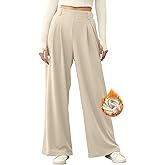 EVALESS Women's Fleece Lined Pants Wide Leg High Waisted Knit Palazzo Pants Business Casual Work Trousers with Pockets