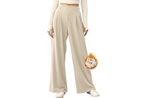 EVALESS Wide Leg Pants for Women Elastic High Waisted Waffle Knit Fleece Palazzo Pants Trousers with Pockets