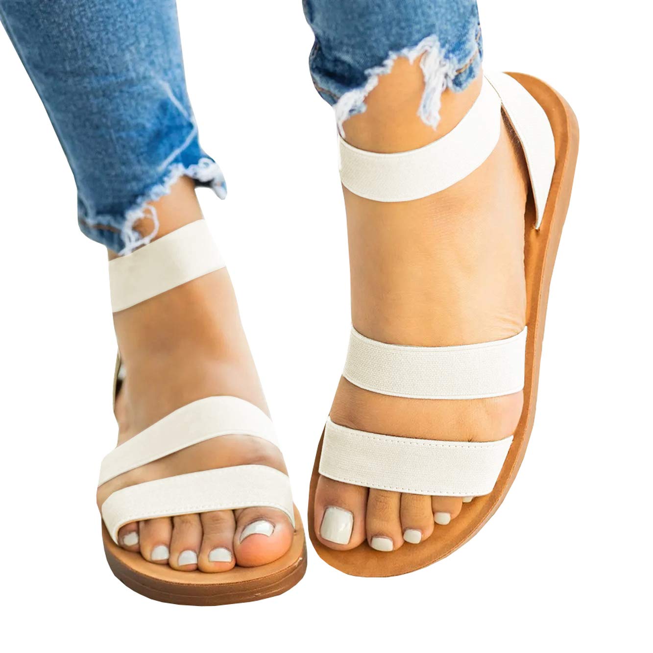 Womens Summer Flat Sandals Elastic Ankle Strap Open Toe Gladiator Comfortable Beach Shoes