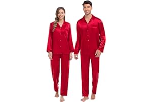 SWOMOG Couples Pajama Sets Men & Women Satin Long Sleeve Sleepwear Silky Classic Button Down Soft Loungewear Pjs Set