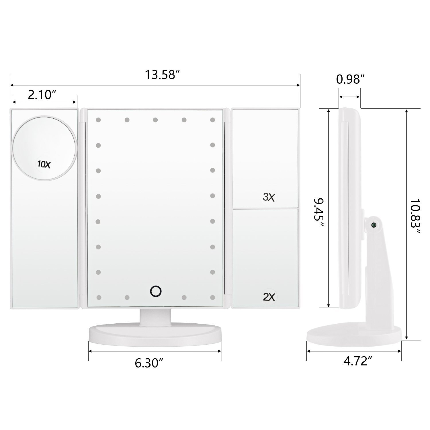 Specchio per il Trucco a Tre Ante,con illuminazione LED,touch-screen, ricaricabile con USB, con 22 luci LED naturali, regolabile a 180°, per il trucco, ripiegabile, con illuminazione- Bianco