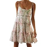 Mansy Womens 2025 Summer Floral Mini Dress Boho Flowy Skater Dresses Short Sleeveless Ruffle Spaghetti Strap Dress