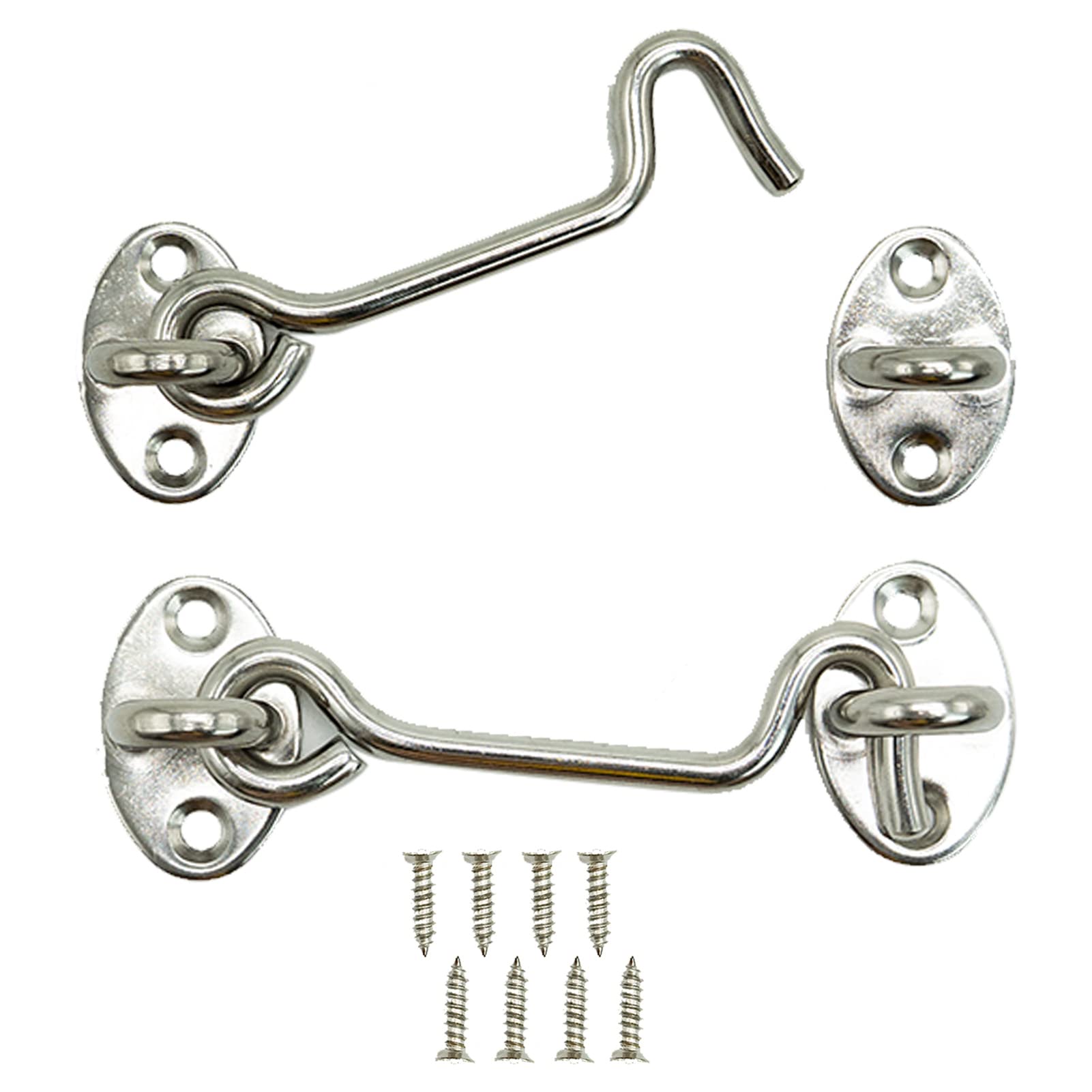 SZXMDKH 2 PCS 4 Inch Stainless Steel Cabin Hook and Eye Latch Lock Heavy Duty Gate Metal Door Latches for Internal Doors Brace Patio Window Cabinet Wooden Gates Shed, Sliver