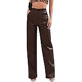 Lover Premium Faux Leather Pants High Waist Coated PU Button Straight Leather Black Leggings Wide Leg Pants with Pockets