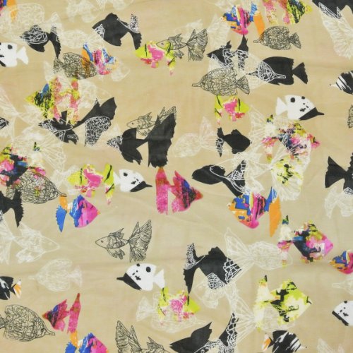 Wrapables Chiffon Under the Sea Fish Pattern Long Scarf, Khaki