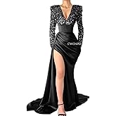 V Neck Sequin Long Sleeve Prom Dress Satin Mermaid Gala Dresses for Women Formal Wedding Party Evening Gowns with Slit