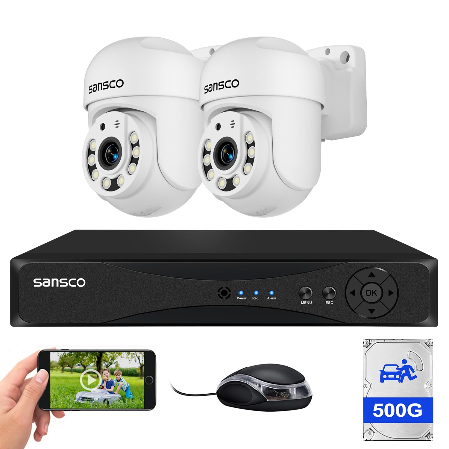 SANSCO Audio Recording, 3K Wired CCTV Camera System Outdoor, 4 Channel DVR 500GB Hard Drive, 2 x 5MP Home PT 360° View Rotating Security Camera, Night Vision, Human/Vehicle Detection, Email/App Alert