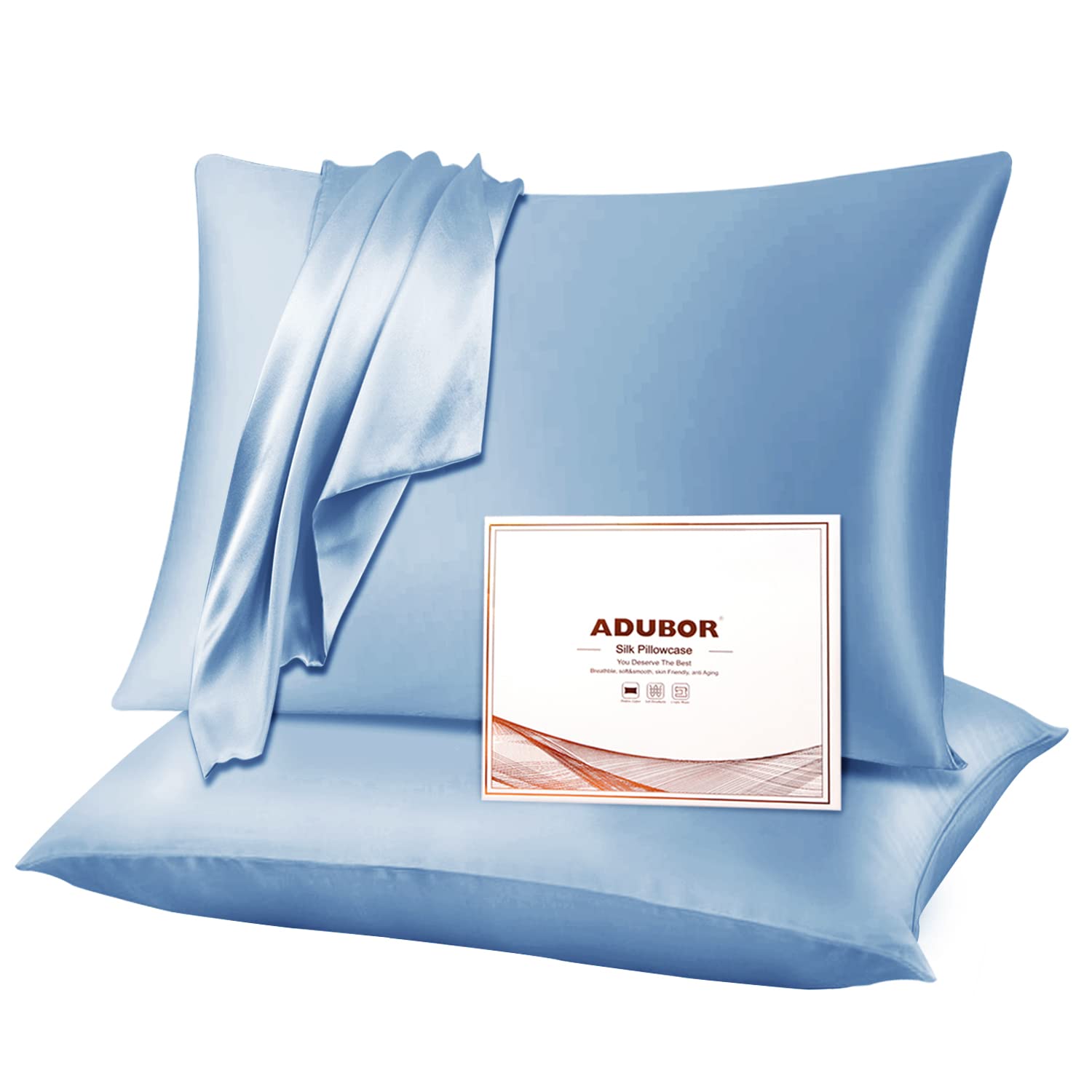 Adubor 100% Mulberry Silk Pillowcase for Hair and Skin with Hidden Zipper, Both Side 23 Momme Silk,900 Thread Count (50x75CM, Grey Blue, 2pc)