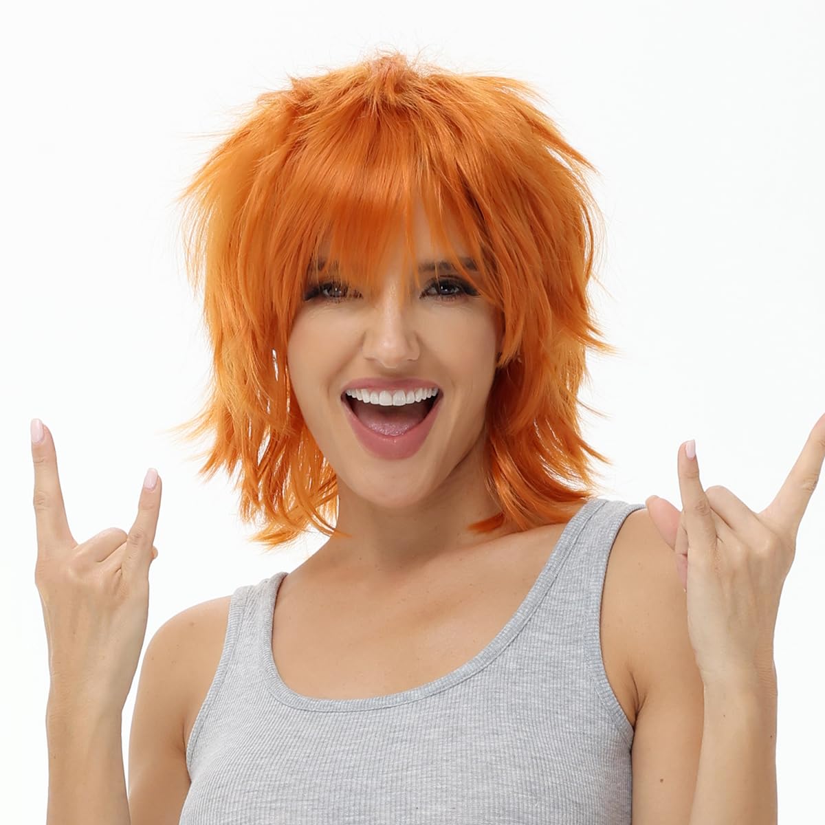 BUYOGET Anime Halloween Wig for Cosplay Party, Synthetic Layered Short Hair Wigs with Bangs Orange — image 1