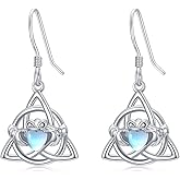 Irish Claddagh Earrings 925 Sterling Silver Simulated Birthstone Emerald Green/Moonstone Dangle Drop Earrings Celtic Knot Jewelry Gifts for Women Wife Mom