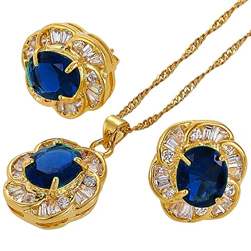 RIZILIA Blossom Jewellery Set Pendant with 45cm(18") Chain & Stud Earrings Oval Cut Gemstones CZ [Blue Sapphire] in 18K Yellow Gold Plated, Simple Modern Elegance — image 1