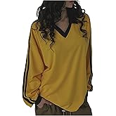 OYOANGLE Women's Side Striped Long Sleeve Oversized Tshirts Y2K Collared V Neck Drop Shoulder Fall Tops