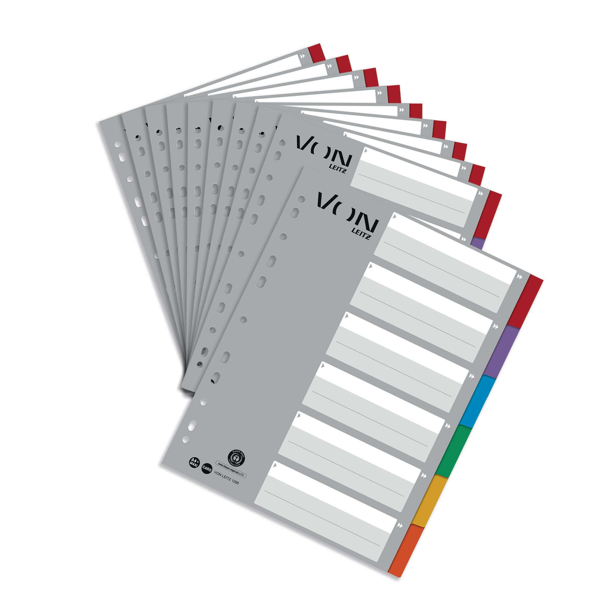 VON Leitz 12950000 Pack of 10 6-Piece Index A4 Blank Dividers for Folders, Extra Wide, 100% Recycled Cardboard, 11-Hole Universal Index for Binders & Ring Binders, Multi-Colour, 12950