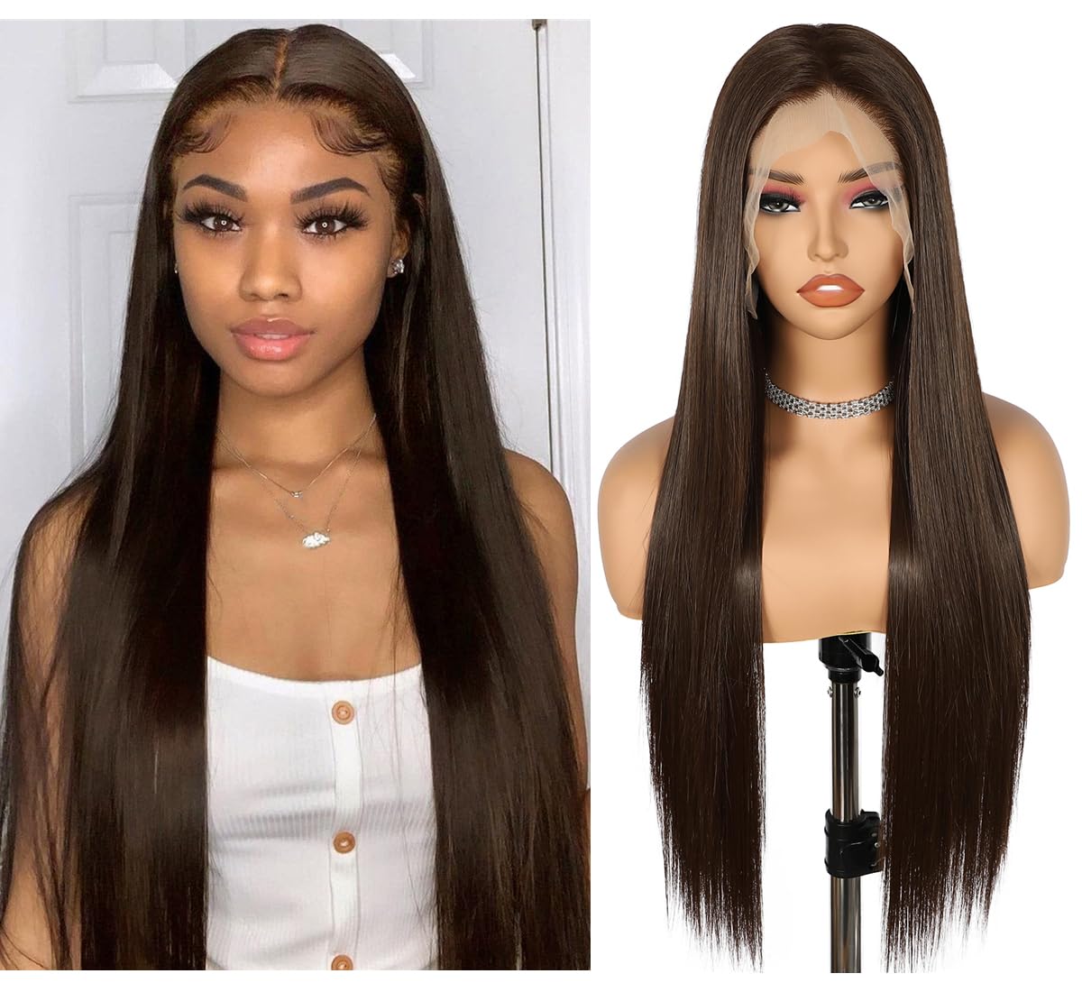Sapphirewigs Brown Straight Lace Front Wigs 13x6 Long Straight Wig for Women Lace Front Synthetic Hair 150% Density Party Daily Wear Heat Resistant 26inch — image 1