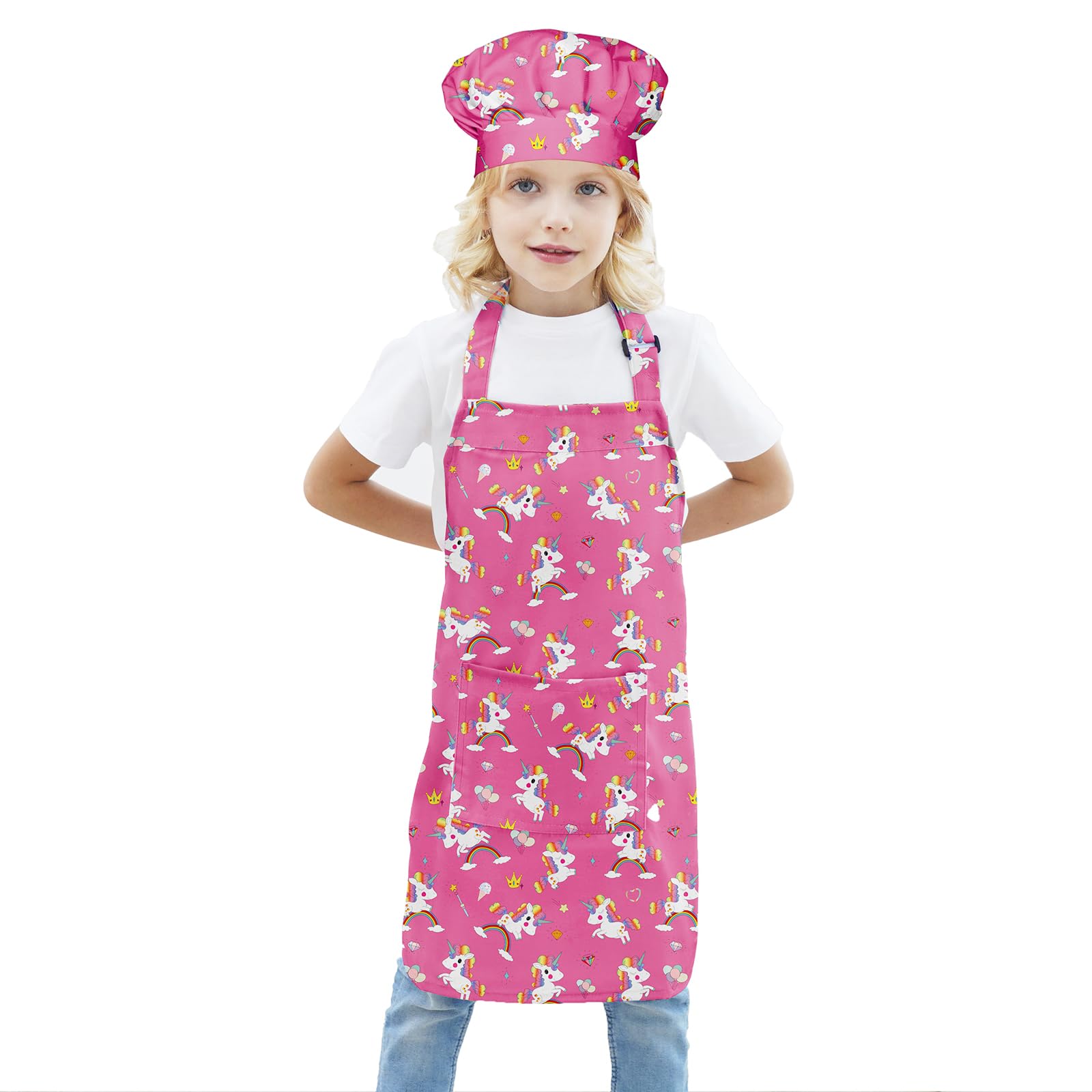 BIGHAS Kids Apron Chef Hat Adjustable Neck Strap Hook and Loop Fastener Design Waistband for Baking, Painting, Cooking (Pink-unicorn, (4'7"-5'3") L)