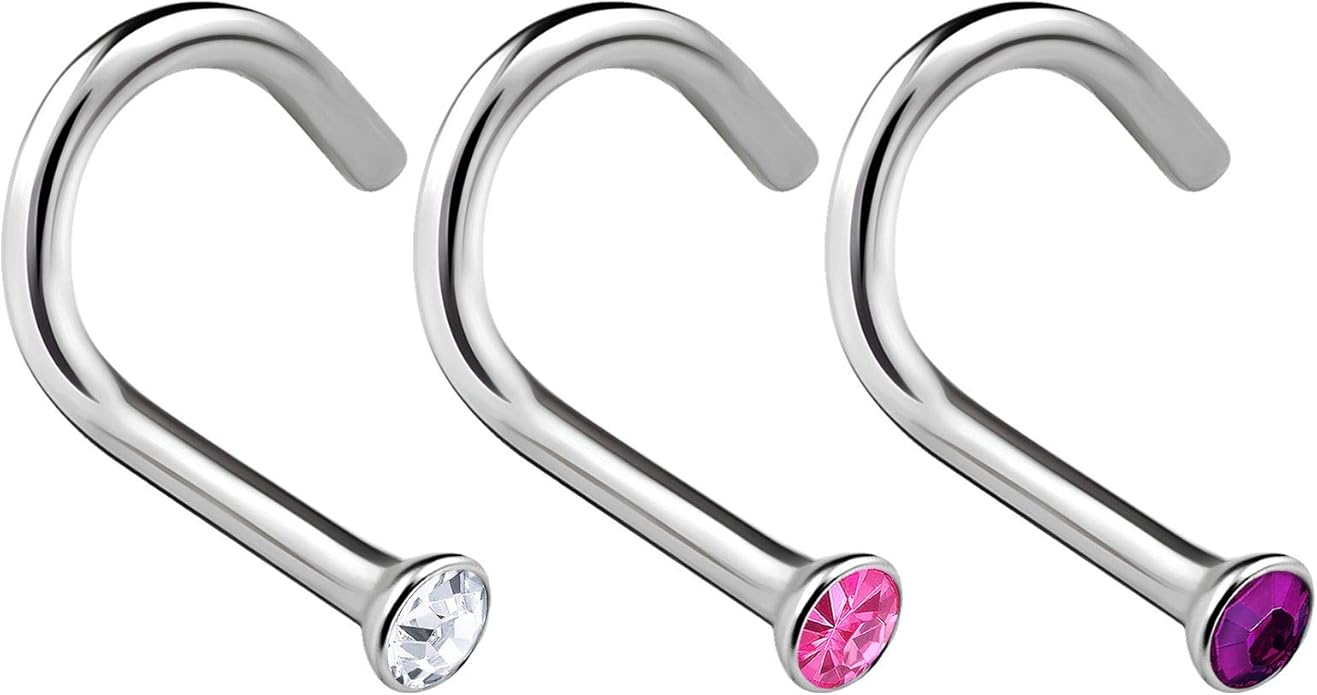 3PCS 316L Stainless Steel Nose Screw 18 Gauge 7mm Clear Rose Amethyst