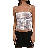 Women Y2K Gingham Plaid Tank Top Lace Trim Sleeveless V Neck Cami Shirt Button Up Tie Shoulder Slim Straps Camisole