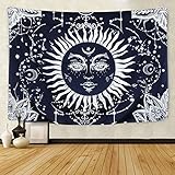 BLEUM CADE Psychedelic Moon and Sun Tapestry Wall Hanging Tapestry Dark Blue White Celestial Tapestry Indian Hippy Bohemian Mandala Tapestry for Bedroom Living Room Dorm