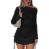 BEAGIMEG Women's Sexy Bodycon Long Sleeves Flared Sleeves One Shoulder Side Split Ruched Club Party Mini Dress