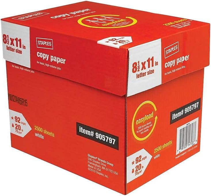 Staples 905797 8.5Inch X 11Inch Copy Paper 20 Lbs 92 Brightness 2500/Carton