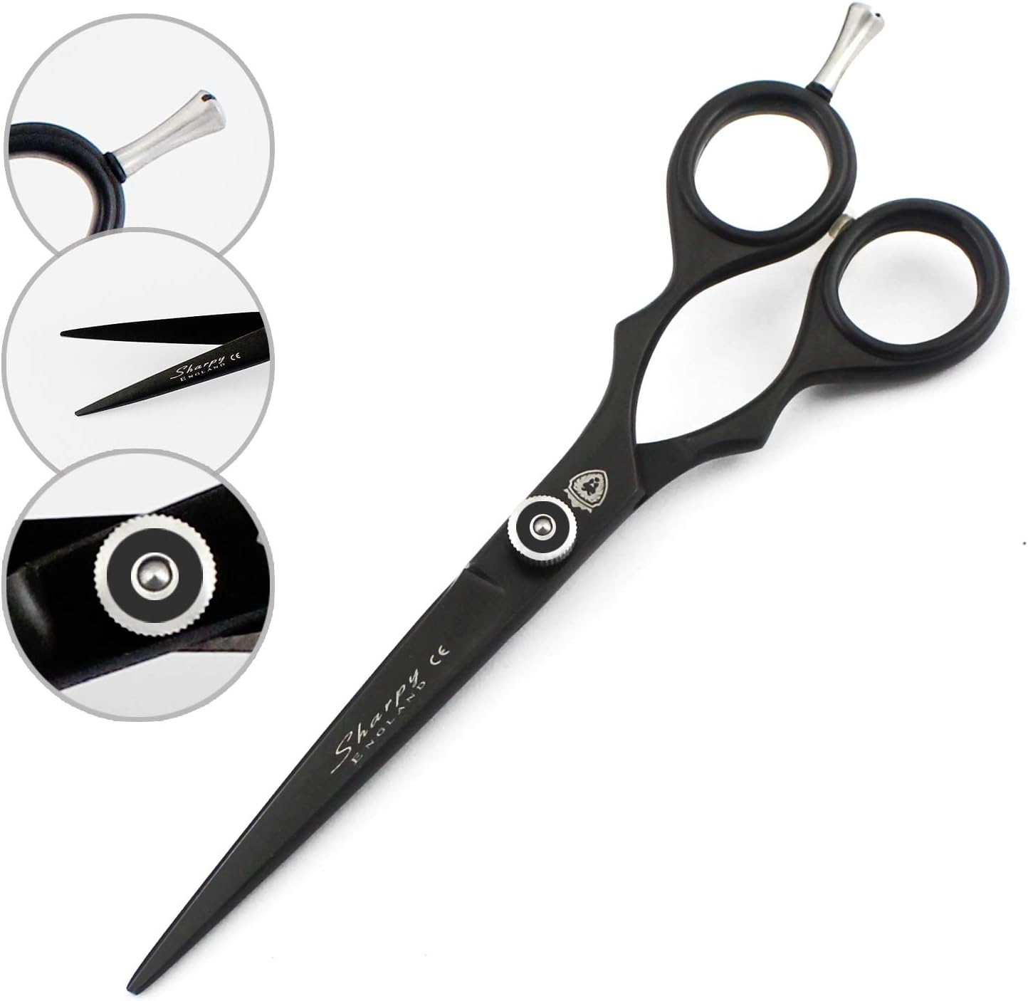 Sharpy Professional 6.0'' Stainless Steel Hairdressing Scissors - Black, Salon Shears with Adjustable Screw & Removable Finger Rest