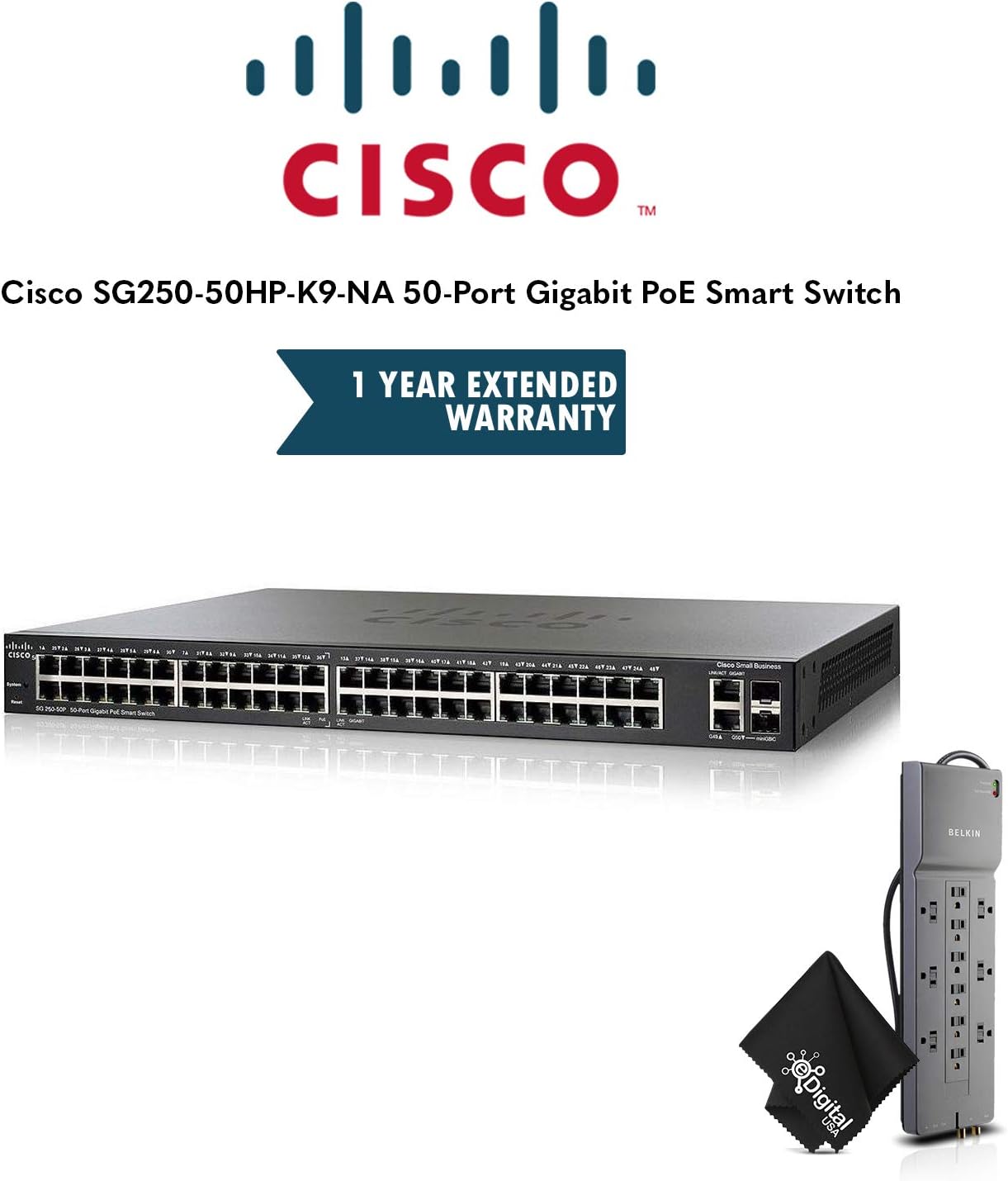 Cisco SG250-50HP-K9-NA 50-Port Gigabit PoE Smart Switch with 1 Year Extended Warranty and Belkin Powerstrip Bundle