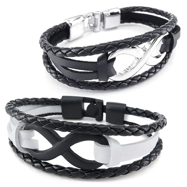 Konov Unisex-Armband, Unendlichkeitszeichen, 2 Stück, Leder / Metalllegierung, schwarz / weiß, mit Geschenkbeutel