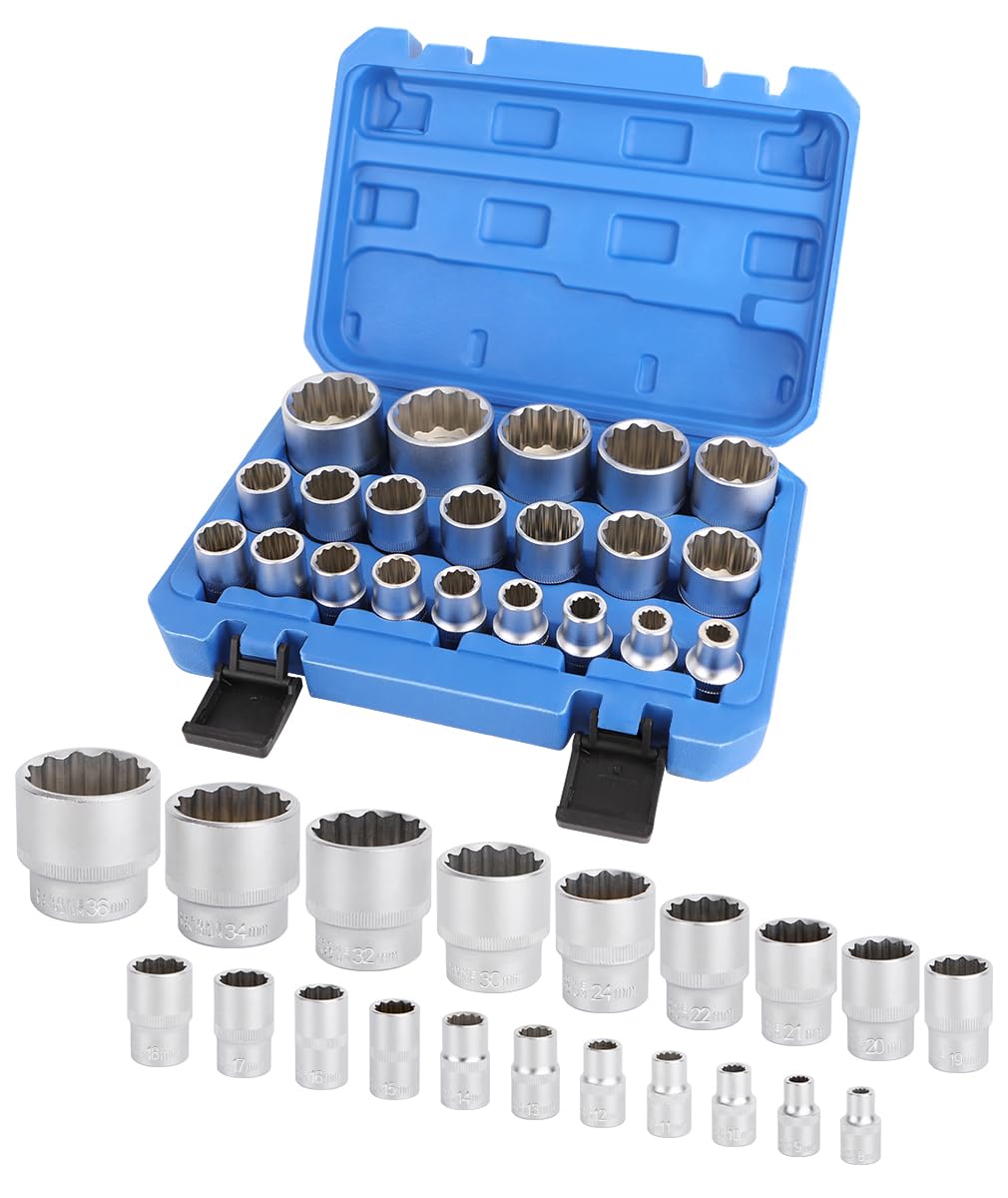 21 PCS 1/2 Inch Socket Set, 12 Point Spline Pass Through Drive Sockets Universal Large Metric Socket Kit, CR-V Steel Half Inch 8 9 10 11 12 13 14 15 16 17 18 19 20 21 22 24 27 30 32 34 36mm
