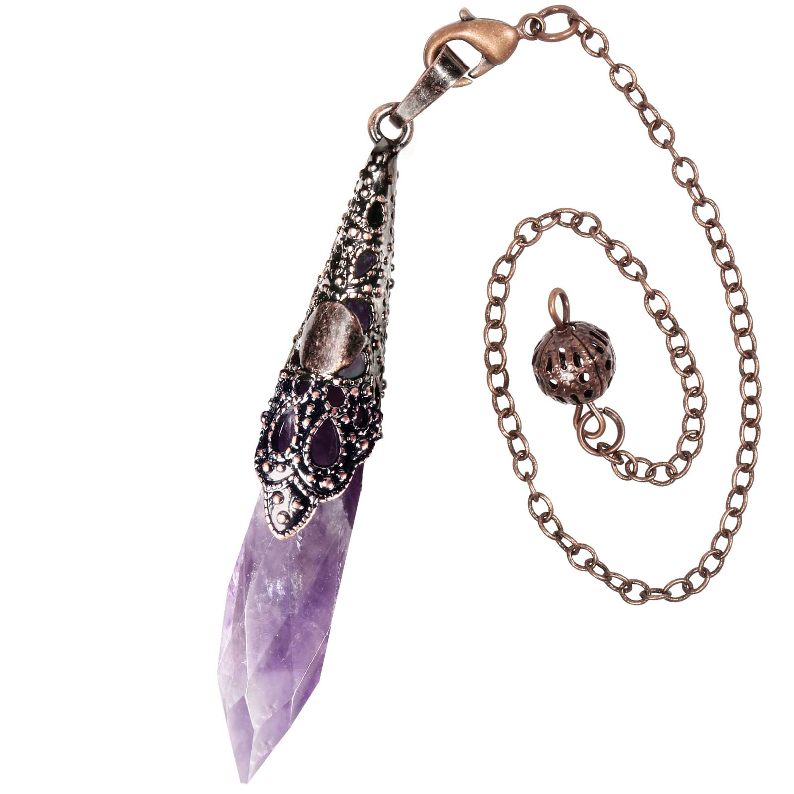 Nupuyai Amethyst Crystal Stone Point Pendulum for Scrying Dowsing Divination, Faceted Vintage Healing Stone Pendulum with Chain