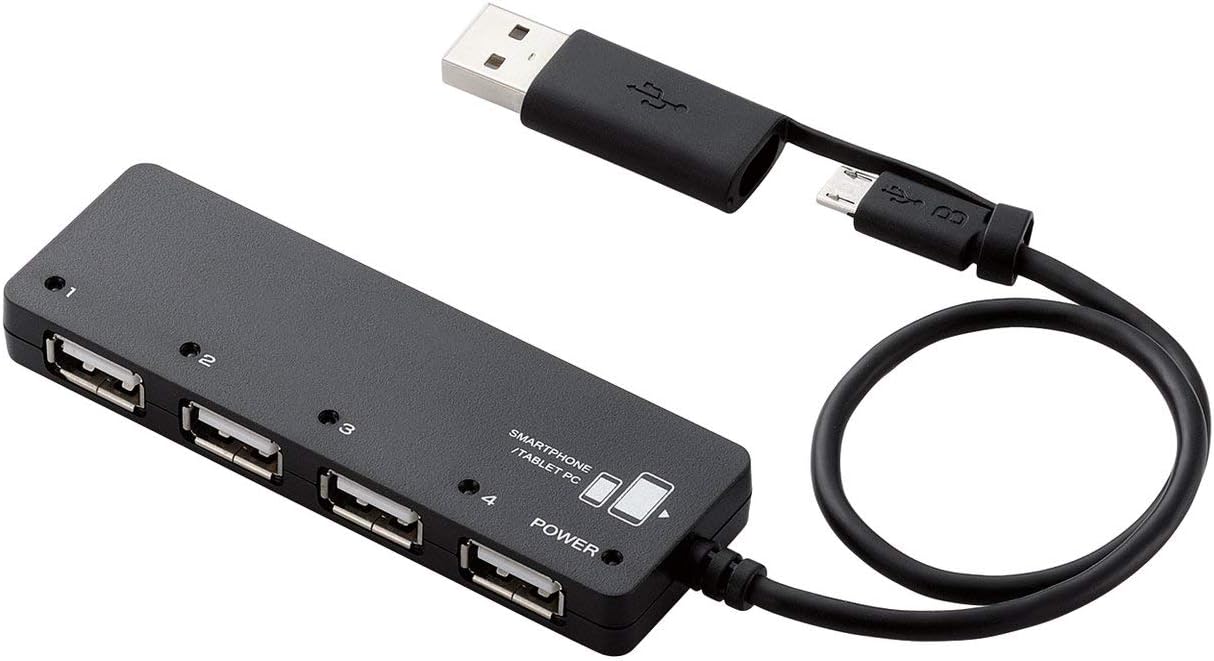 Amazon Co Jp エレコム Usb2 0 Microusb ハブ 4ポート バスパワーmicrousbケーブル 変換アダプタ付 ブラック U2hs Mb02 4bbk パソコン 周辺機器