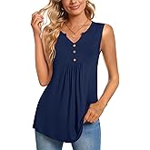 CATHY Womens Summer Sleeveless Tank Top V Neck Button Blouse Casual Pleated Basic Henley Shirts