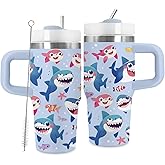TNASURHUS 14oz Smiling Shark Tumbler with Handle and Straw, Stainless Steel Vacuum Insulated Tumblers, Birthday Gifts Shark Lover, Daughter, Son, Sister