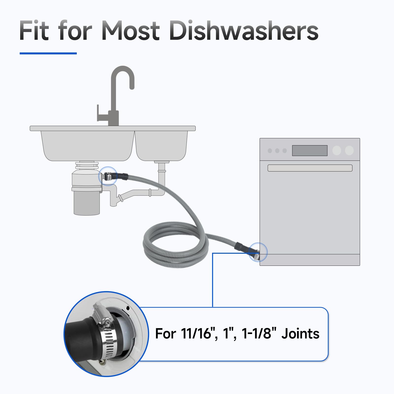 JUWO 10 FT Dishwasher Drain Hose, Corrugated and Flexible Dishwasher Hose Drain Replacement with Clamps, Discharge Hose Fits 11/16