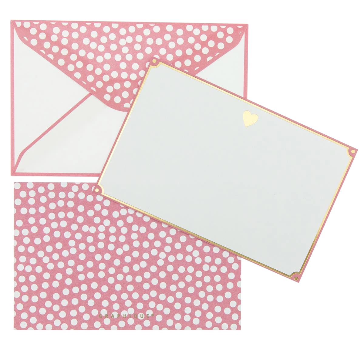 Graphique Gold Heart Flat Notes – Note Card Stationery with Adorable Soft Pink Border and Printed Gold Heart, 50 Note Cards and Matching Envelopes for Thank You Notes and Invitations, 5.625