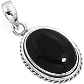 Chunky Natural Gemstone Pendant Necklace For Women Onyx, Turquoise, Amber, Garnet Oval Boho Genuine 925 Sterling Silver Handmade Jewelry