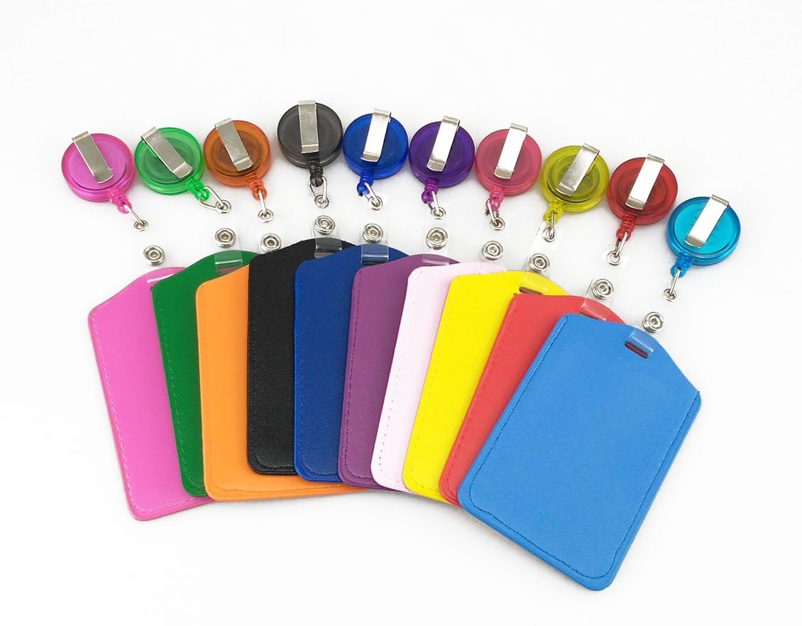 yueton Pack of 10 PU Leather ID Badge Card Holder with Retractable ID Badge Reel : Office Products