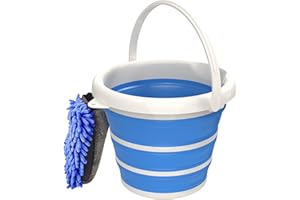 GOLDFOX Collapsible Car Wash Bucket with Microfiber Mitt, 10L (2.6 Gallon) Portable Water Bucket with Handle for Car Wash Household Cleaning, Multiuse Collapsible Water Bucket and Car wash mitt - Blue