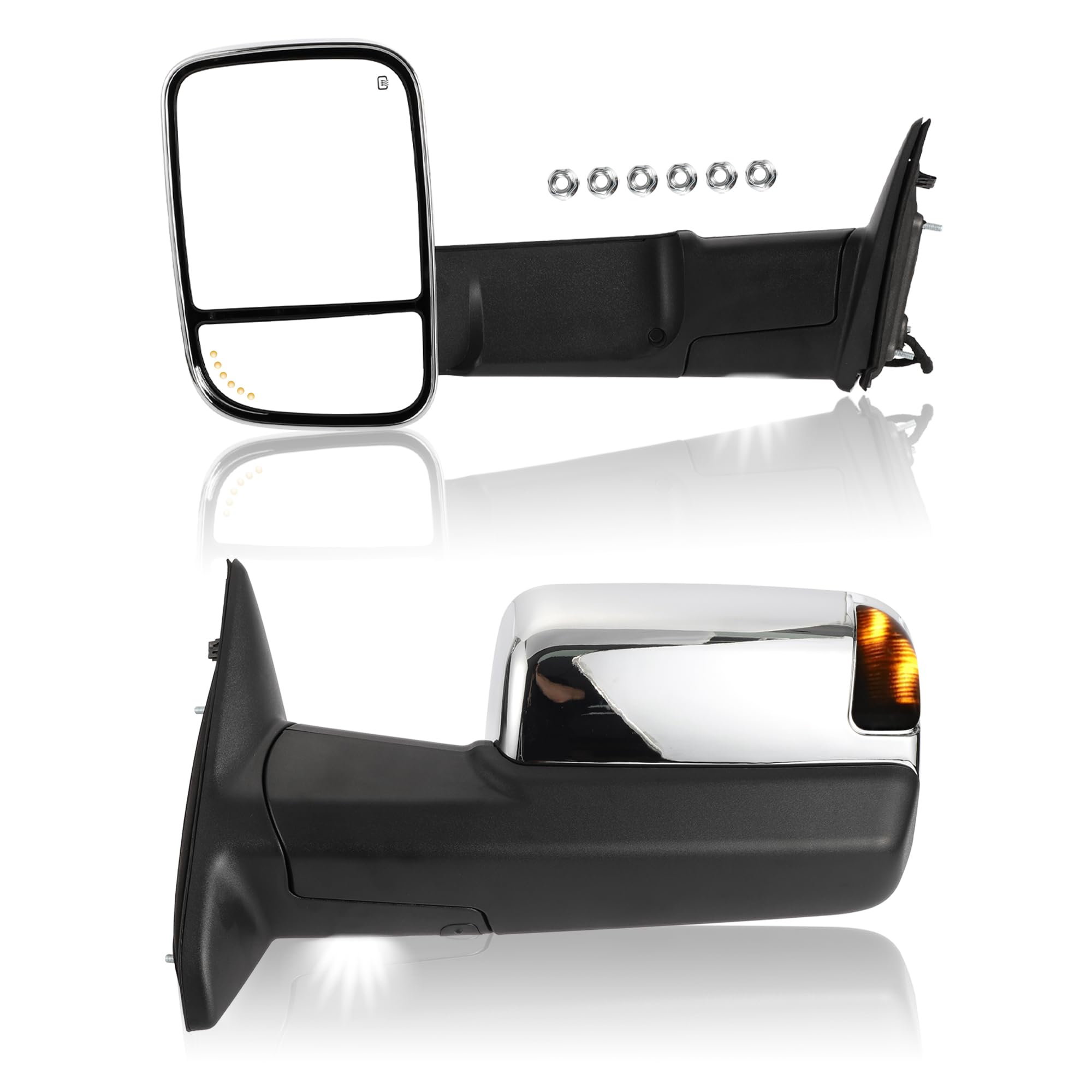 Photo 1 of Motoforti Tow Mirrors, Chrome Plated Manual Telescoping Trailer Towing Side Mirrors, for Dodge for Ram 1500 2500 3500, Heated Turn Signal Temperature Sensor Power Adjustment Puddle Lamp